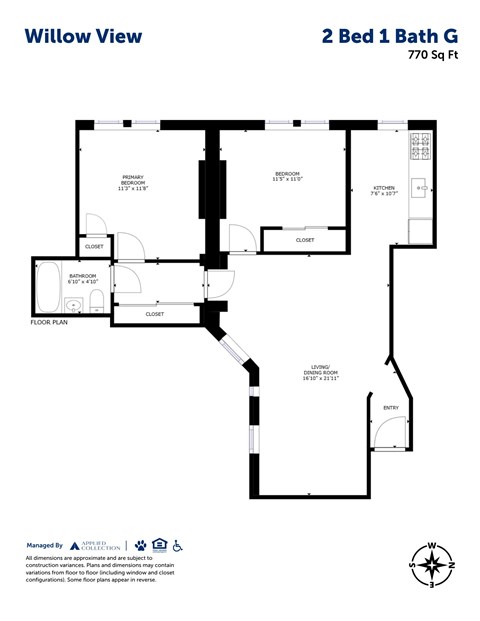 Floor plan for 2 beds, 1 bath, 770 sqft